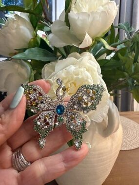 Crystal Butterfly Brooch - Green, Blue, Yellow Accent